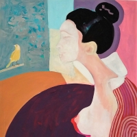 Japanese woman with a canary, 130/100 cm, oil