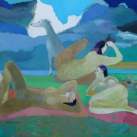 Three graces on grass and greyhound, 120/100 cm, oil.