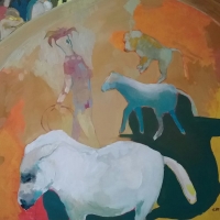 Baboon and two ponies, 100/80 cm, oil.