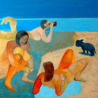 Blue puppy and nudistes oil,  / 130/100 cm