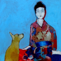 Japonka i Shiba, 100 x 80 cm , olej