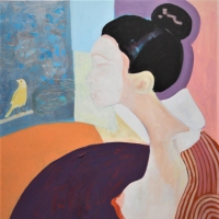 Kanarek i Japonka, 130 x 100 cm, olej