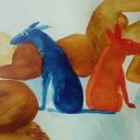 Czerwony pies, 70 x 35 cm, papier