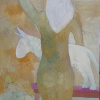 Bulterier i jej pani po kapieli. 100/80 cm, olej.