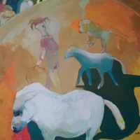 Pawian i dwa kucyki, 100/80 cm, olej.