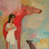 Dziewczyna, pies i czerwony koń, 130/100 cm , olej