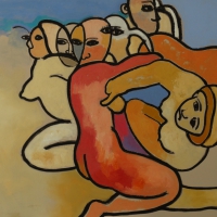 Niebieski szczeniak i nudystki, olej, płótno/130/100 cm